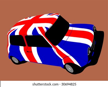 Classic British Mini Car With Flag Of Uk / Great Britain