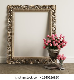 Classic Carved Mirror Frame With Copy Space. Big Vase With Pink Roses On The Floor.Digital Illustration.3d Rendering