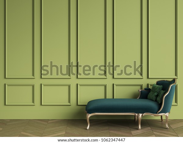 Classic\
chaise longue in emerald green and gold color in classic interior\
with copy space.Green walls with mouldings. Floor parquet\
herringbone.Digital Illustration.3d\
rendering