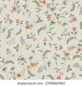 A classic and charming seamless pattern featuring delicate floral vines and sprigs in a Chintz-inspired style