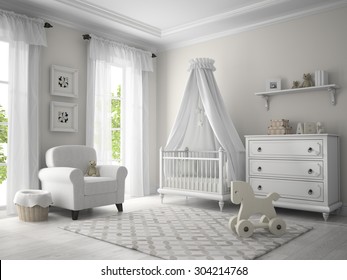 Classic Children Room White Color 3D Rendering