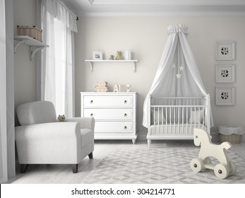 Classic children room in white color 3D rendering 