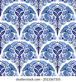 Classic chinoiserie blue floral porcelain pattern. Ornate chic flower design in baroque damask style. Hand drawn all over mock rococo brocade on white linen background. High resolution repeat tile

