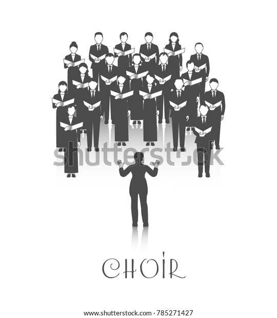 白い背景に黒い服を着た指揮者が指揮するシート音楽によるクラシック合唱パフォーマンス のイラスト素材