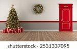 Classic Christmas interior featuring a decorated Christmas tree, wrapped presents, and a red door. 3d rendering