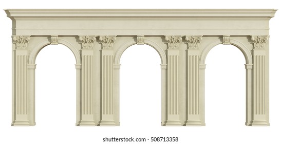Classic colonnade with arch and corinthian column isolated on white - 3d rendering