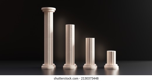 Klassische Säule, Marmor-Stein-Kolonnade, Vier Fußbodenhöhe auf schwarzem Hintergrund, alte griechische Architektur, Business-Down-Konzept, Niedergang. 3D-Darstellung
