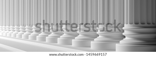 Classic columns and stairs\
white color marble, banner. Court facade colonade. 3d\
illustration