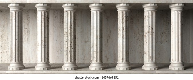 Классический мраморный камень Colums, баннер. Колоннада столбов, классическая архитектура интерьера, баннер. 3d иллюстрация