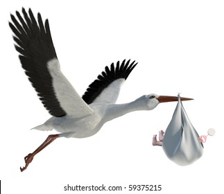 Classic depiction of a stork in flight delivering a newborn baby