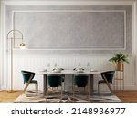 Classic dining room mockup with grey white molding wall, luxury green dining set, and gold lamp. 3d illustration. 3d render