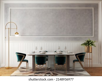 Classic Dining Room Mockup With Grey White Molding Wall, Luxury Green Dining Set, And Gold Lamp. 3d Illustration. 3d Render