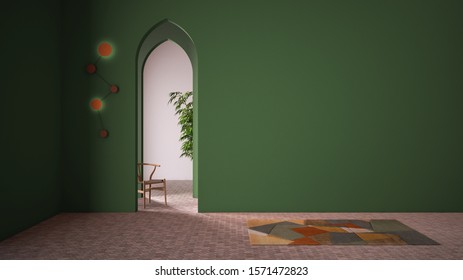 Classic eastern lobby, modern colored hall with stucco walls, interior design archways, empty space with ceramic tiles, carpet, chair and plant, green background with copy space, 3d illustration