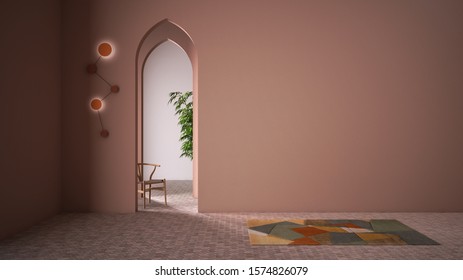 Classic eastern lobby, modern colored hall with stucco walls, interior design archways, empty space with ceramic tiles, carpet, chair and plant, pink background with copy space, 3d illustration