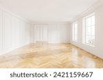 Classic empty bedroom interior with hardwood floor, panoramic window on Bangkok skyscrapers. Living or relax room design. No furniture, no people. 3D rendering