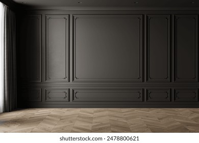 Classic empty black interior with moldings, chevron wood floor and curtains. 3d render illustration mockup. - Powered by Shutterstock