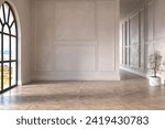 Classic empty room interior with white walls, parquet floor and arch window. 3d Rendering