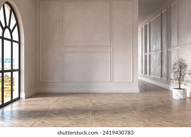 Classic empty room interior with white walls, parquet floor and arch window. 3d Rendering