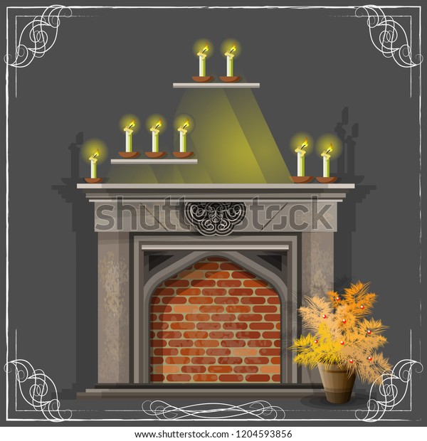 Classic Fireplace Frame Burning Candles Houseplant Stock