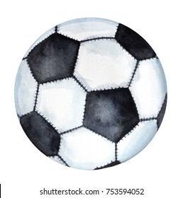 Classic Football / Soccer ball drawing. One single object, closeup, black and white colors. Hand drawn watercolor illustration, isolated on white background.