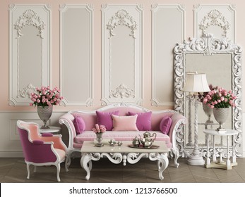 Classic furniture in classic interior with copy space.Sofa,chair,floor lamp,table with decor,carved mirror.Walls with gilded mouldings. Digital Illustration.3d rendering