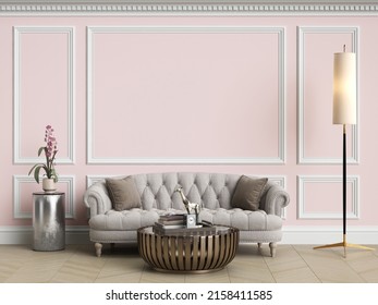 Classic furniture in classic interior with copy space.Walls with ornated mouldings.Floor parquet.Digital Illustration.3d rendering