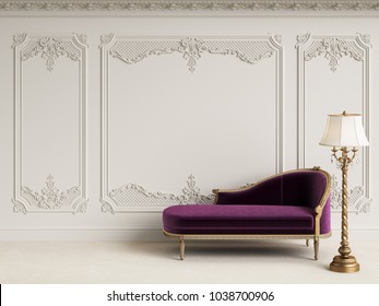 Classic furniture in classic interior with copy space.White walls with mouldings and ornated cornice.Digital Illustration.3d rendering