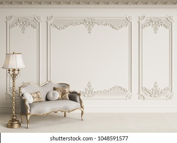 Classic furniture in classic interior with copy space.White walls with mouldings and ornated cornice.Digital Illustration.3d rendering