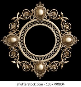 Classic golden frame with ornament decor isolated on black background. Digital illustration. 3d rendering