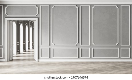 Classic gray white empty interior with wall panels, open door and wooden floor. 3d render illustration mock up.