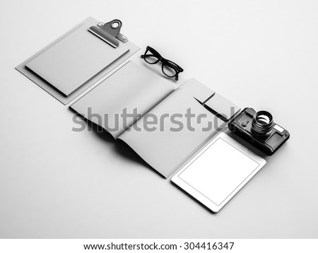 Classic grey elements on the white table. 3d render