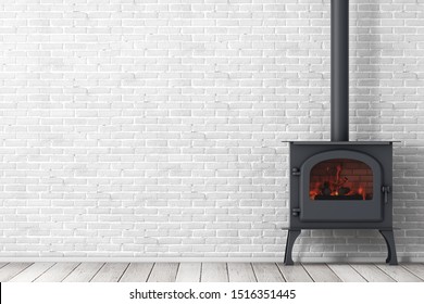 Classic Оpen Home Fireplace Stove with Chimney Pipe and Firewood Burning in Red Hot Flame in front of brick wall. 3d Rendering  - Powered by Shutterstock