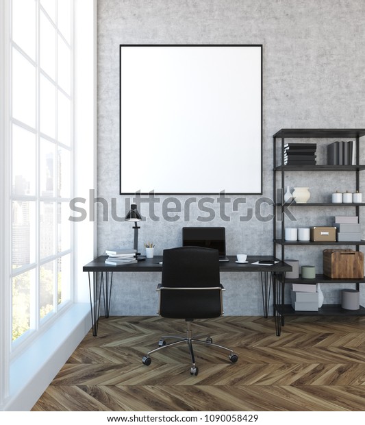 Classic home office interior with large windows, a wooden floor and a