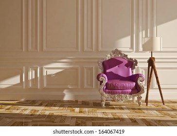 classic interior with armchair floor lamp & wall panels
