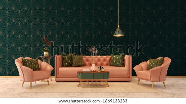 Classic interior Art deco style.Sofa,chairs,table with lamp.Marble