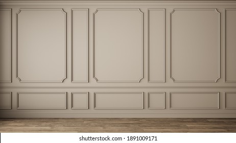 Classic interior with blank wall, pannel, moldings. 3d render illustration mock up.