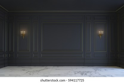 A classic interior is in dark tones with marble floor . 3d rendering.