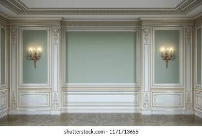  classic interior in olive colors with wooden wall panels and niche. 3d rendering.