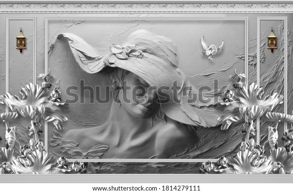 Classic interior wall with moldings.Herringbone parquet wallpaper .Digital illustration 3d rendering 