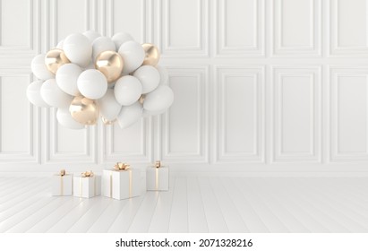 Classic interior walls with bunch of balloons, present box. Walls with mouldings panels, wooden floor, classic cornice. 3d rendering  party interior mock up Illustration. White and golden colors