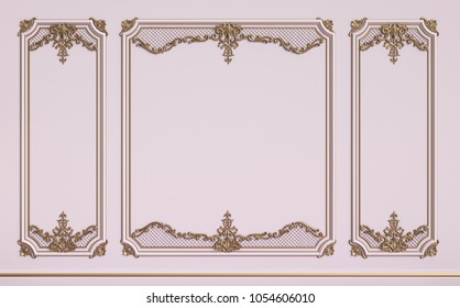 Classic interior walls with copy space.Pink walls with gilded mouldings. Digital Illustration.3d rendering