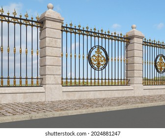 Classic Iron Fence Stone Pillars Wrought Stock Illustration 2024881247 ...