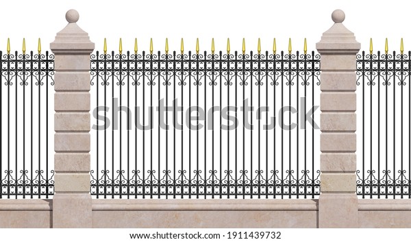 Classic Iron Fence Stone Pillars Wrought Stock Illustration 1911439732 