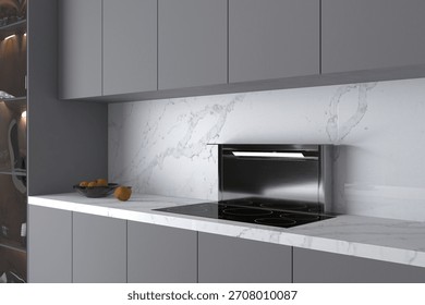 Classic kitchen layout featuring neutral tiles, quartz worktops, and warm wooden accents. Closeup View. 3D Rendering