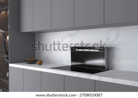 Classic kitchen layout featuring neutral tiles, quartz worktops, and warm wooden accents. Closeup View. 3D Rendering