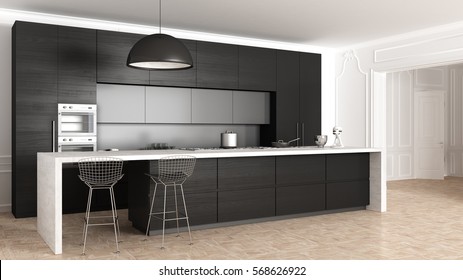 Classic Kitchen, Minimalistic Interior Design, 3d Illustration
