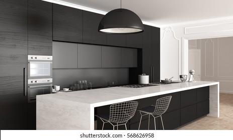 Classic Kitchen, Minimalistic Interior Design, Close Up, 3d Illustration