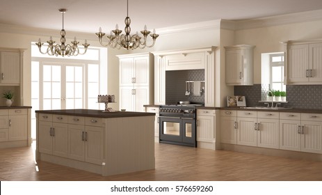 Classic Kitchen, Scandinavian Minimal Interior Design With Wooden Details, 3d Illustration