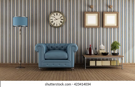 Classic Leather Armchair In A Vintage Living Room With Wallpaper - 3d Rendering
