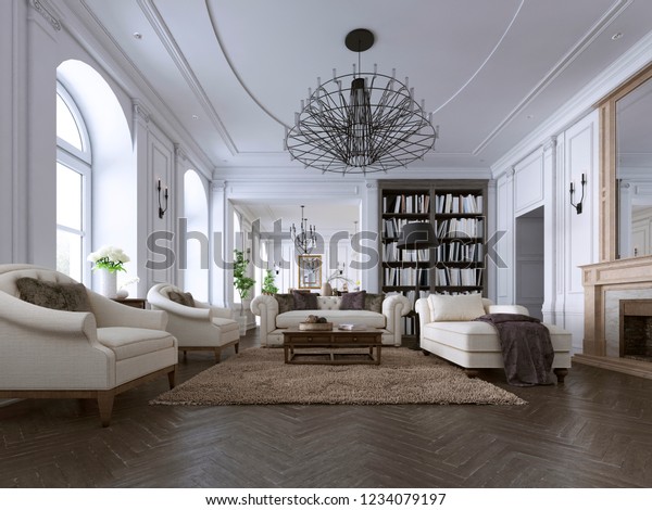 Classic Living Room Paneling Ceiling Moldings Stock Image